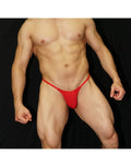Red thong G-string underwear by Arroyman featuring a minimal design and elastic waistband modeled on a male figure.