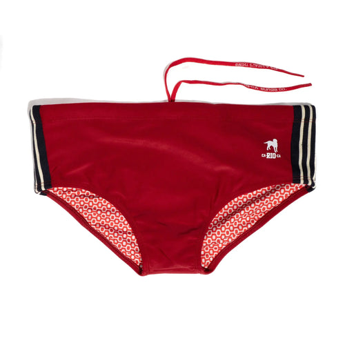 Red swim briefs with black and white side stripes and a red drawstring.