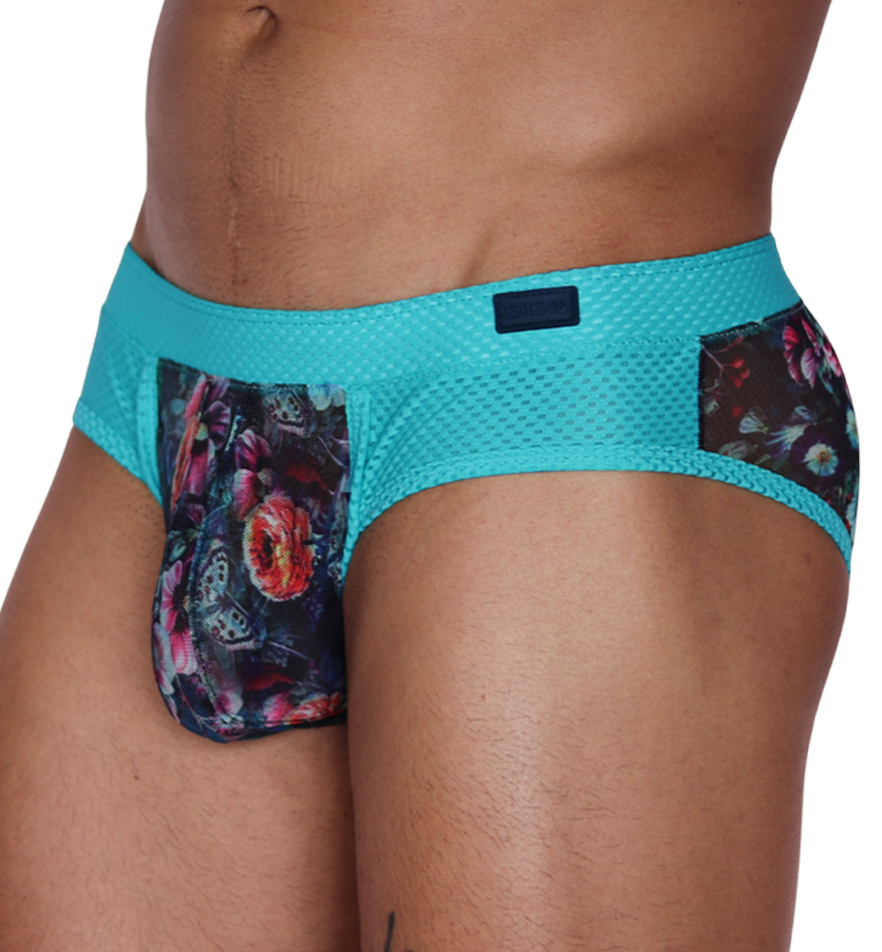 Side view of Gigo Garden Blue brief featuring turquoise mesh fabric and a floral print pouch.