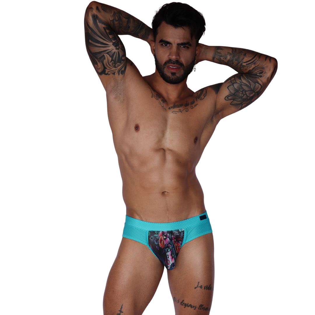 Gigo Garden Blue brief, front view. Blue mesh fabric with floral pouch detail, stylish athletic underwear for men.