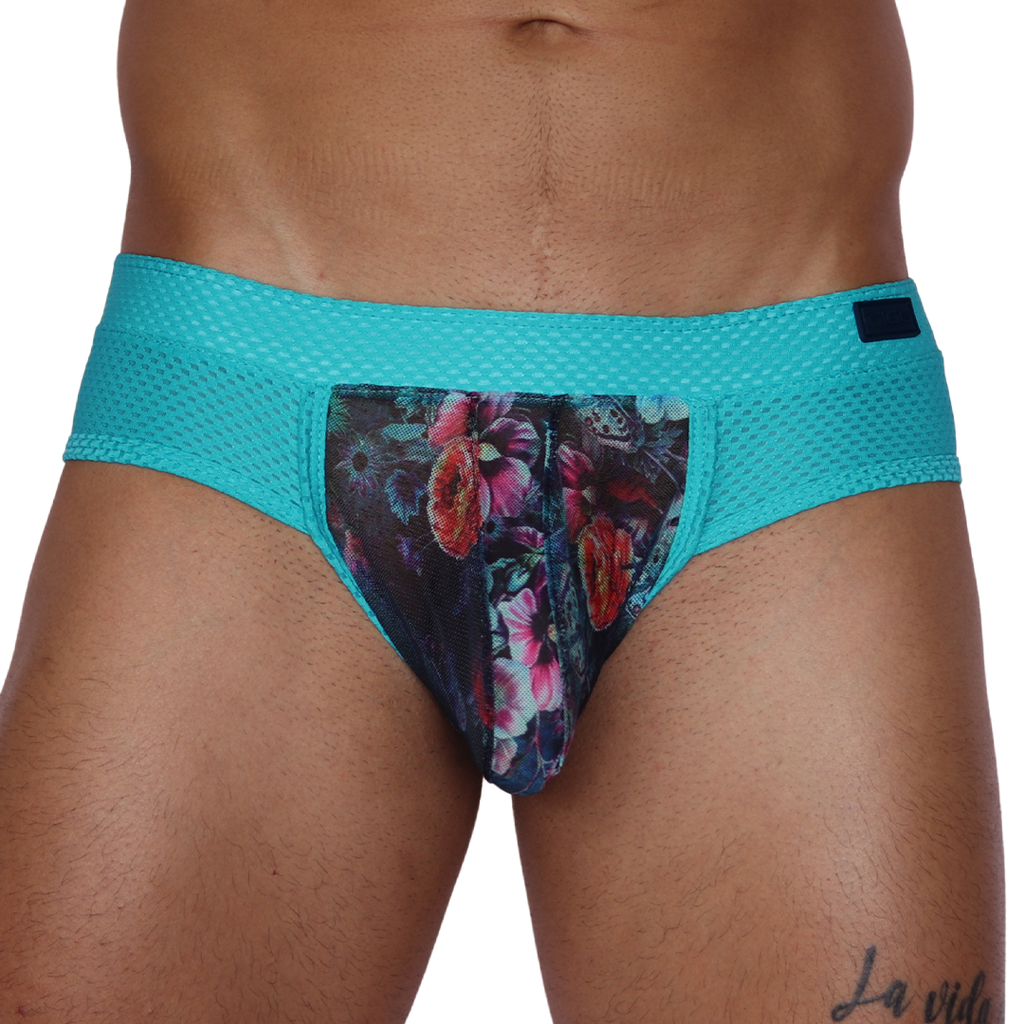 Front view of Gigo Garden Blue brief featuring a floral print mesh pouch and teal textured mesh waistband.