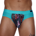 Front view of Gigo Garden Blue brief featuring a floral print mesh pouch and teal textured mesh waistband.