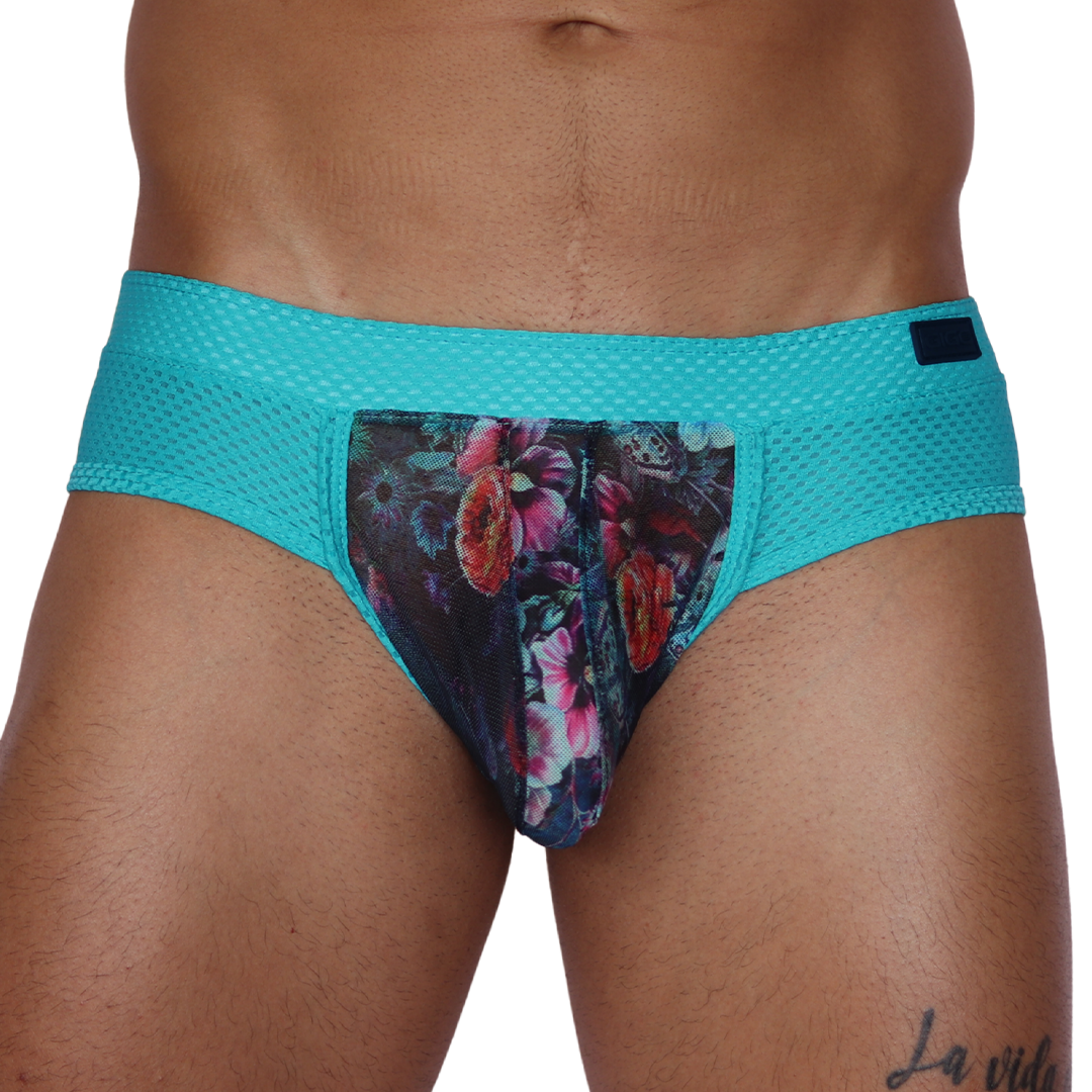 Front view of Gigo Garden Blue brief featuring a floral print mesh pouch and teal textured mesh waistband.
