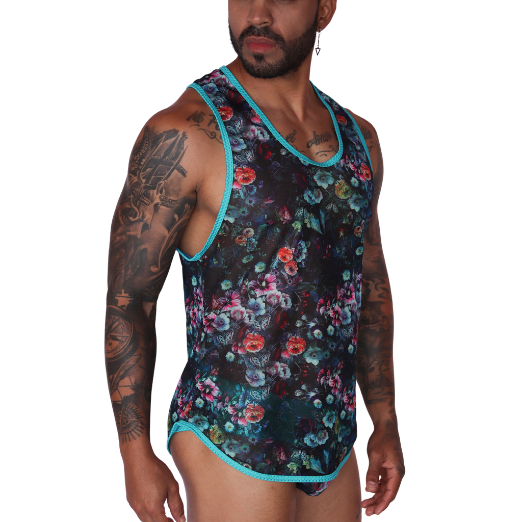 Side view of Gigo Garden Blue sheer mesh tank with floral print and teal trim.