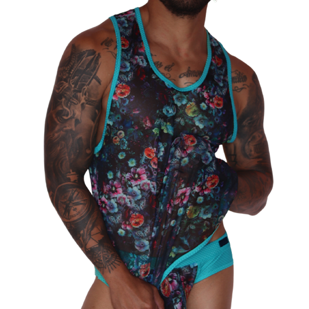 Front view: Gigo Garden Blue sheer floral mesh tank top with teal trim worn by a tattooed man.