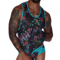 Front view: Gigo Garden Blue sheer floral mesh tank top with teal trim worn by a tattooed man.