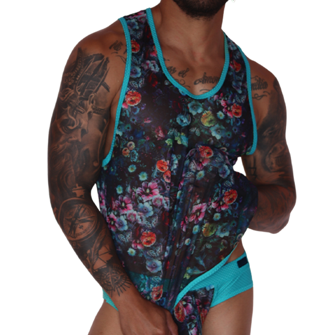 Front view: Gigo Garden Blue sheer floral mesh tank top with teal trim worn by a tattooed man.