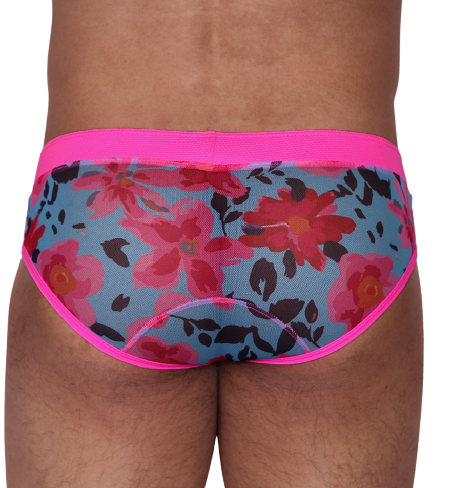 Back view of Gigo Garden Fuchsia sheer mesh brief with floral print and bright pink waistband and trim.