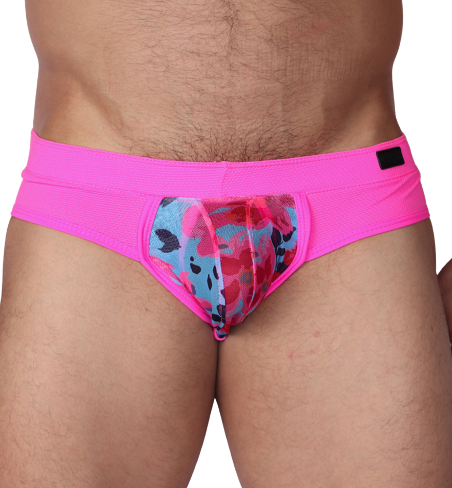 Front view of Gigo Garden fuchsia brief, featuring textured fuchsia fabric and a floral mesh pouch for men.