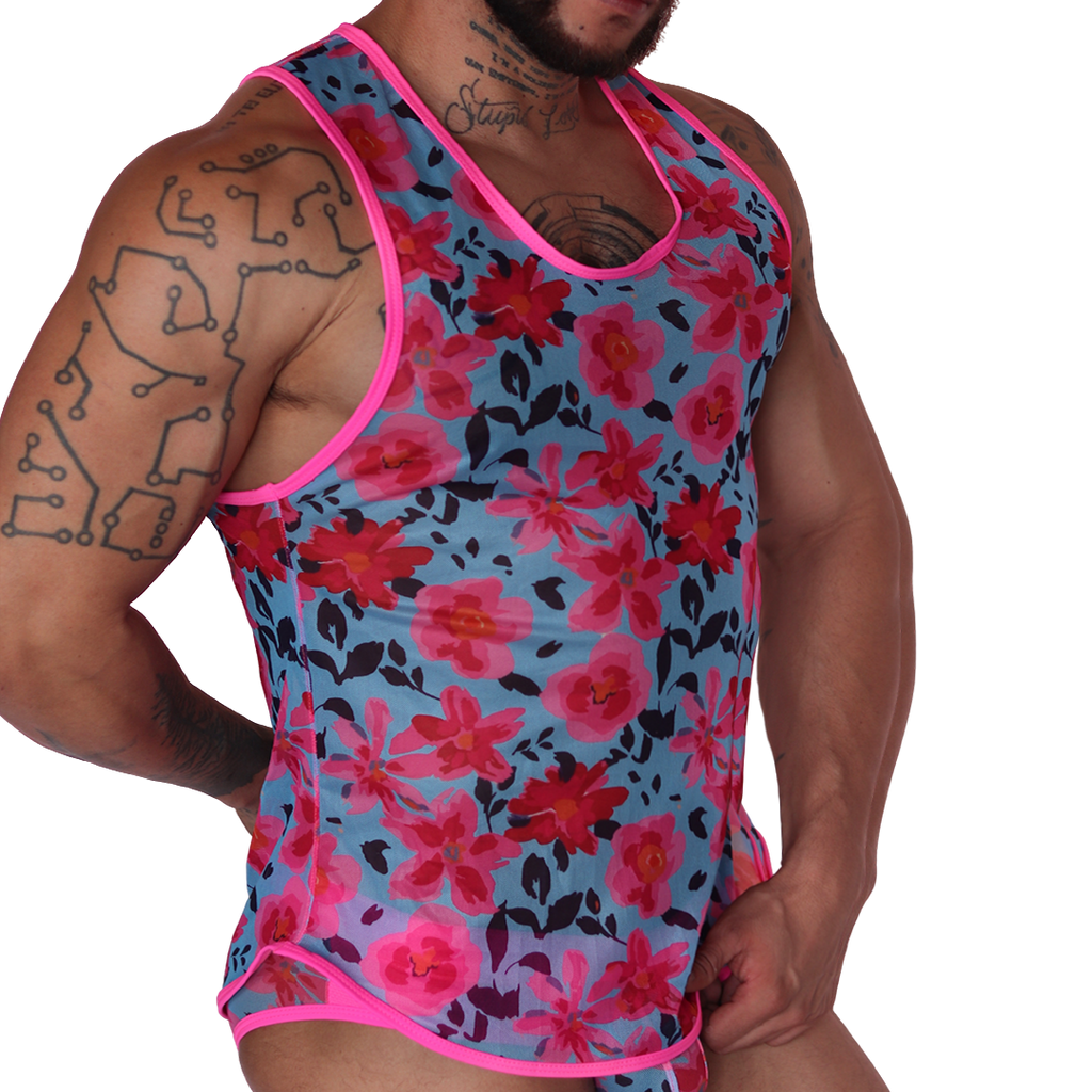 Gigo Garden fuchsia tank top in floral mesh fabric, side view showing semi-sheer blue and pink patterned design.