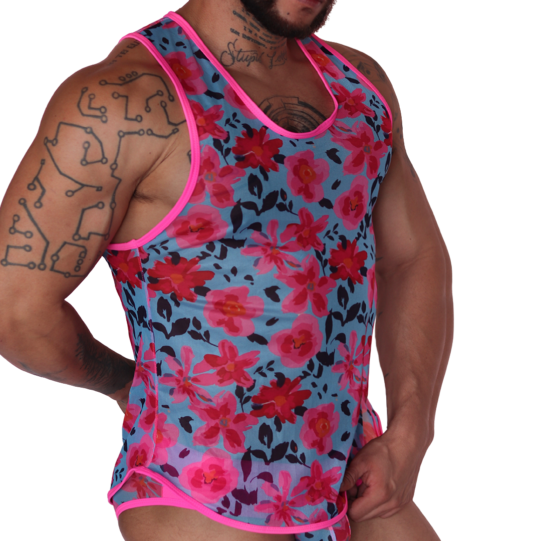 Gigo Garden fuchsia tank top in floral mesh fabric, side view showing semi-sheer blue and pink patterned design.