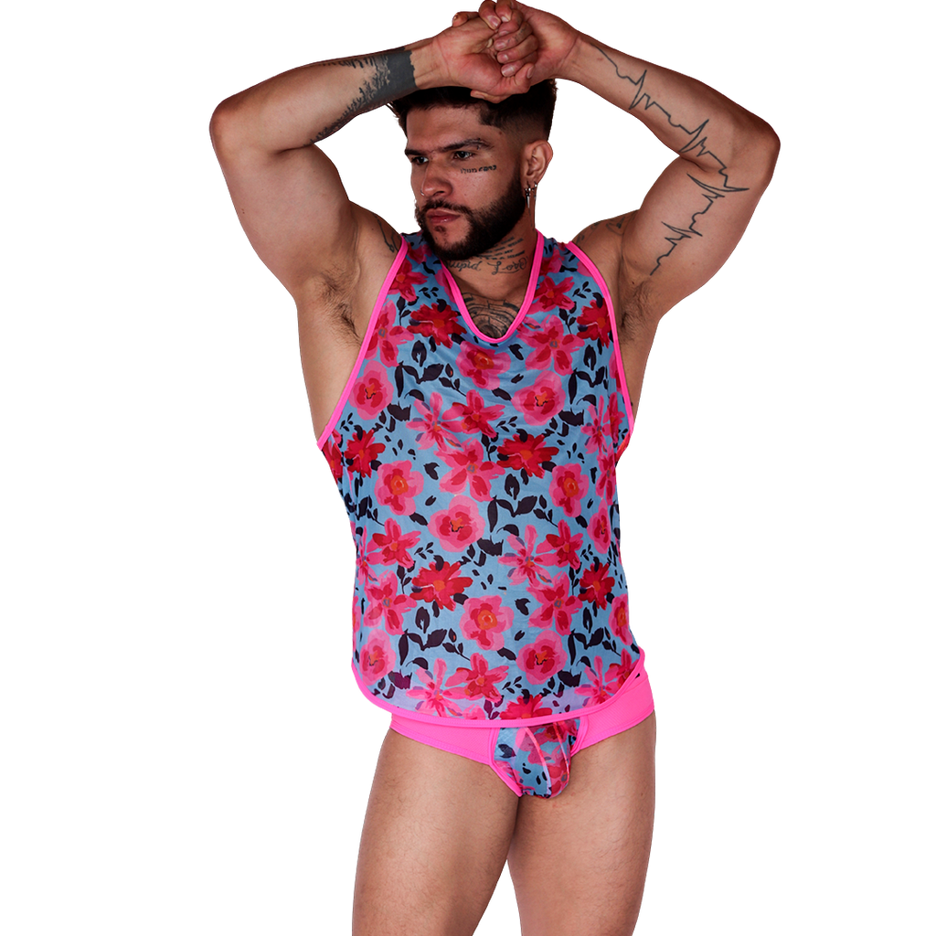 Front view of Gigo Garden Fuchsia tank, featuring a sheer floral mesh fabric with bright pink trim.