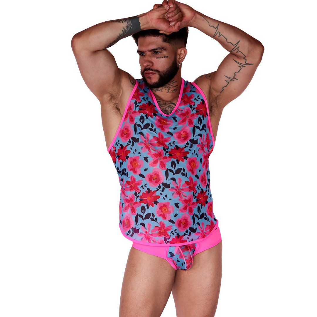 Front view of Gigo Garden Fuchsia tank, featuring a sheer floral mesh fabric with bright pink trim.