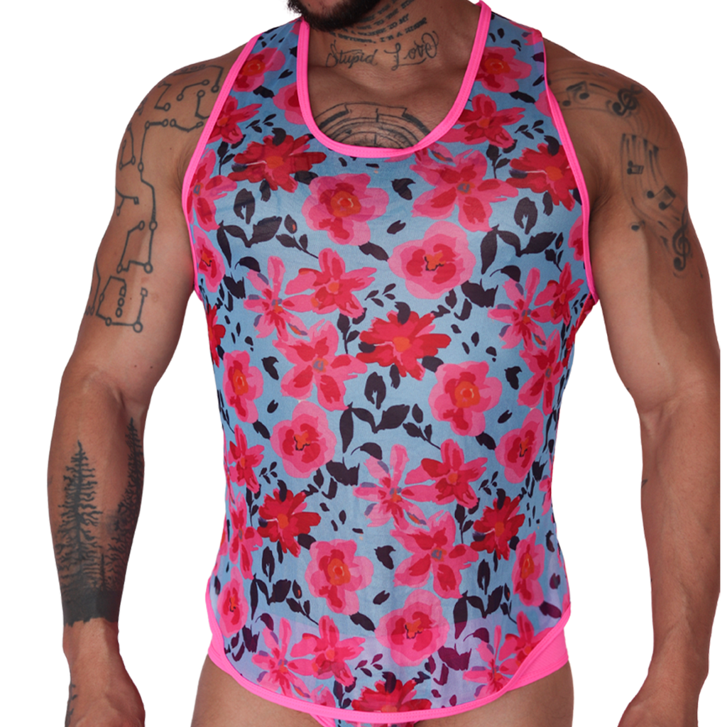 Gigo Garden fuchsia mesh tank, front view. Sheer blue tank with pink floral print and neon pink trim on a muscular man.