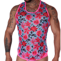 Gigo Garden fuchsia mesh tank, front view. Sheer blue tank with pink floral print and neon pink trim on a muscular man.