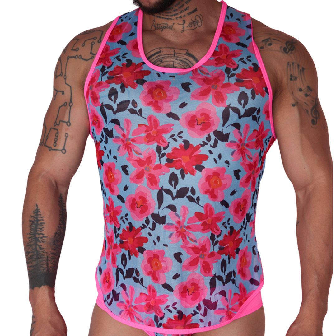 Gigo Garden fuchsia mesh tank, front view. Sheer blue tank with pink floral print and neon pink trim on a muscular man.