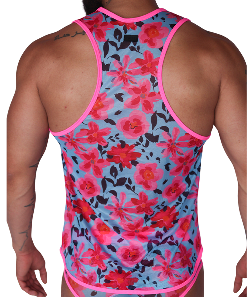 Back view of Gigo Garden Fuchsia tank with pink trim and floral print on soft, lightweight fabric.