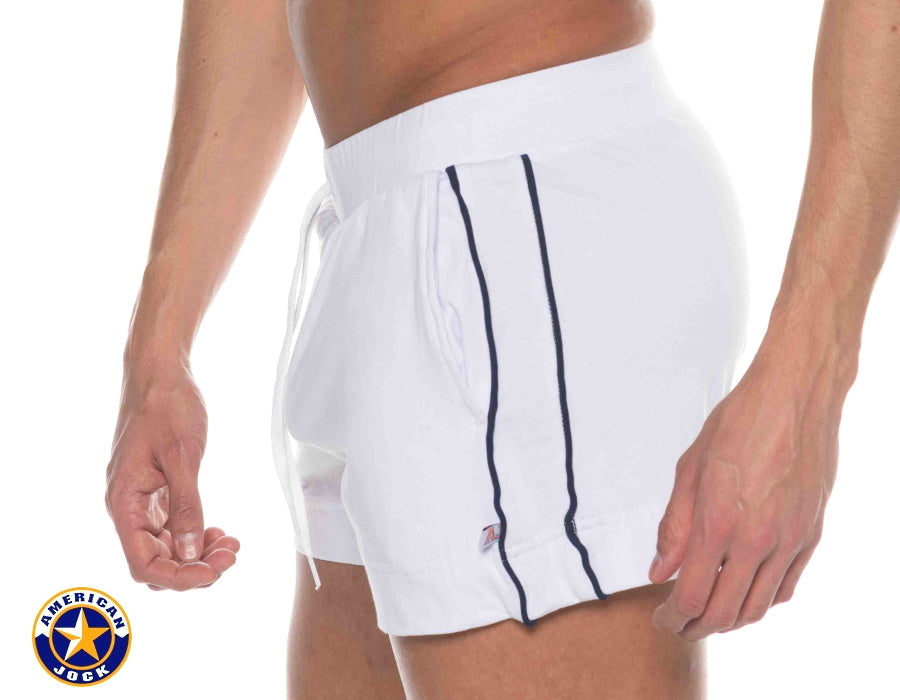 AMERICAN JOCK 8212 Men's Phys Ed Volley Short W/Pockets - White