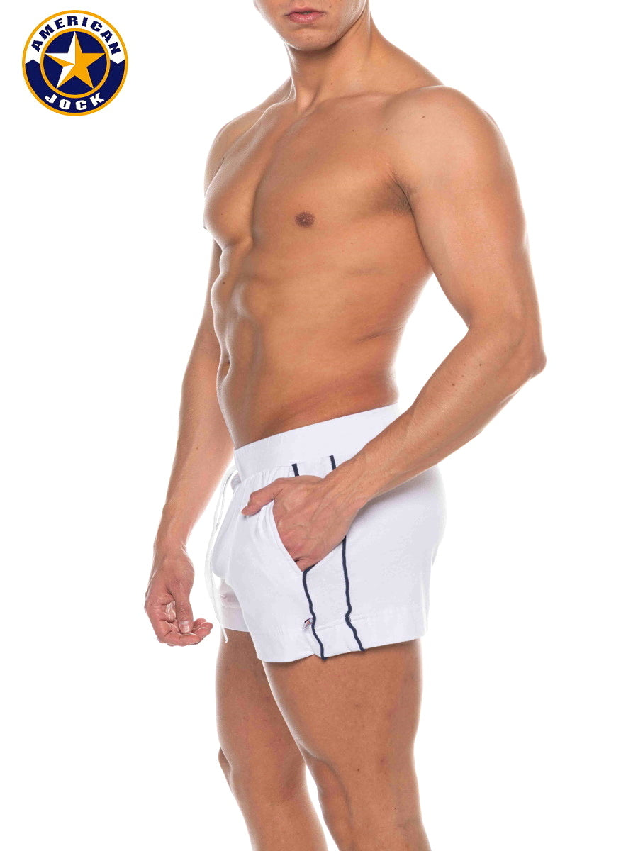 AMERICAN JOCK 8212 Men's Phys Ed Volley Short W/Pockets - White