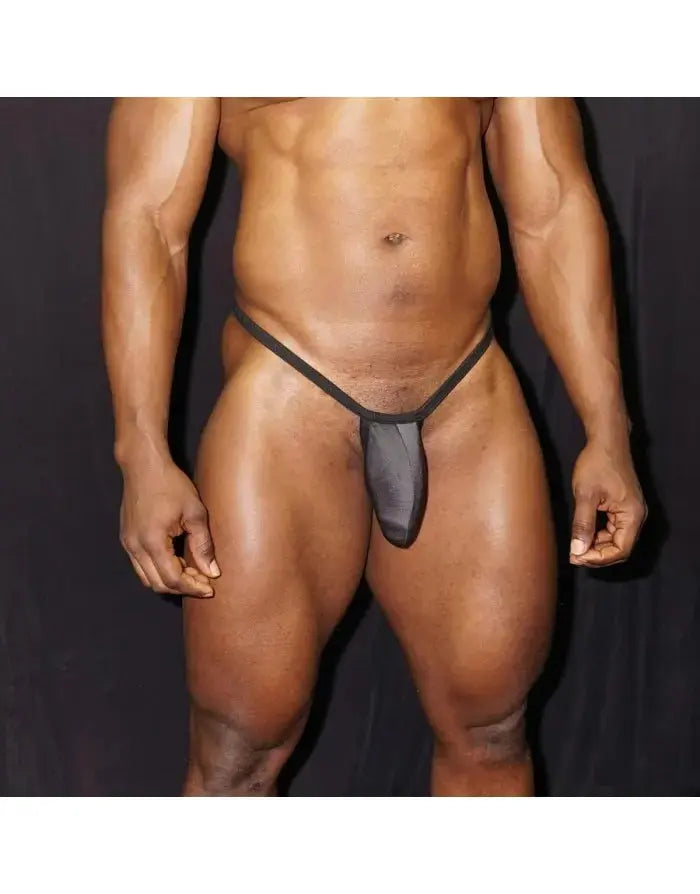 Men's graphite rib G-string thong underwear by Arroyman featuring a sheer front and minimal coverage design.