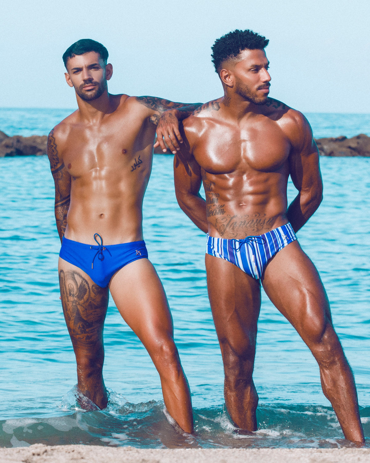 Bow Swim Brief | Decoded Stripe Blue | Bold Stripes, Gold Hardware