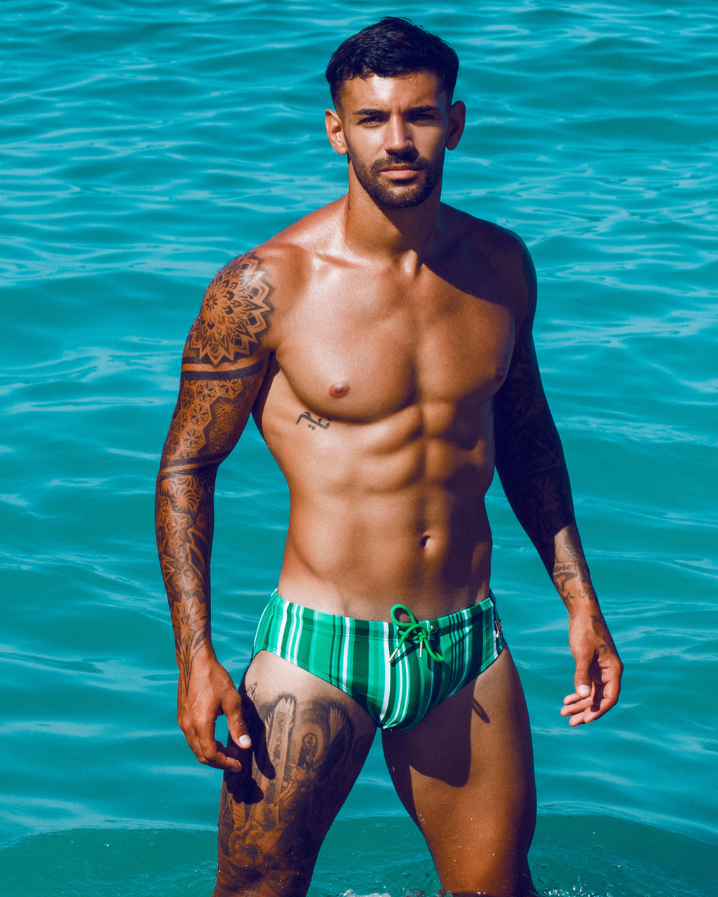 Bow Swim Brief | Decoded Stripe Green | Bold Print, Low-Rise Cut