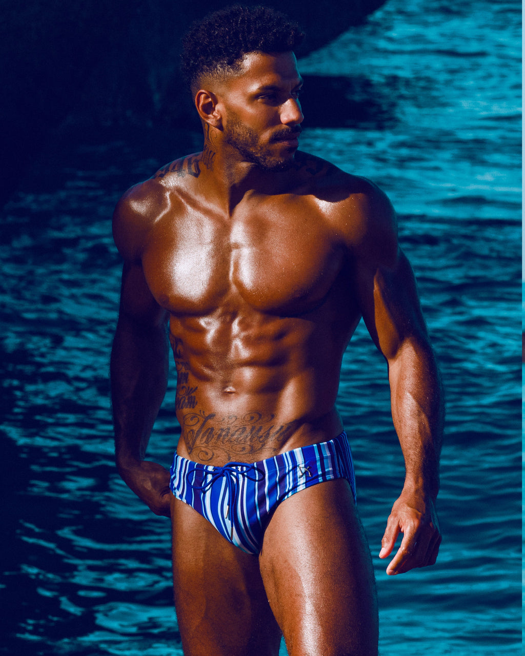 Bow Swim Brief | Decoded Stripe Blue | Bold Stripes, Gold Hardware