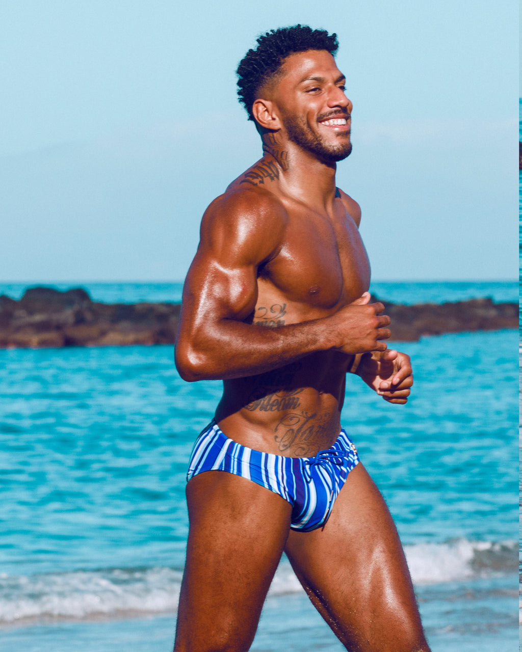 Bow Swim Brief | Decoded Stripe Blue | Bold Stripes, Gold Hardware
