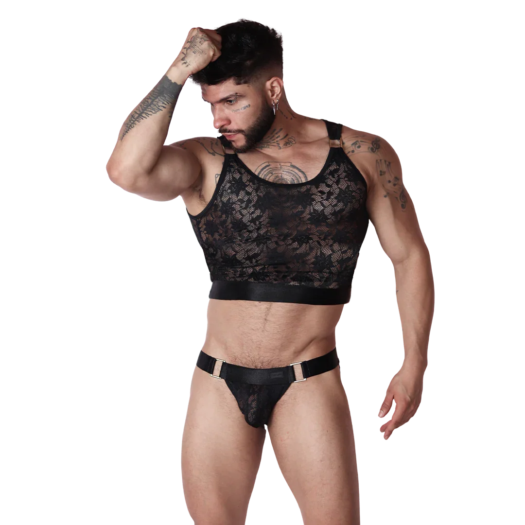 Front view of Gigo Illusion black lace crop top with metallic rings and solid black trim.