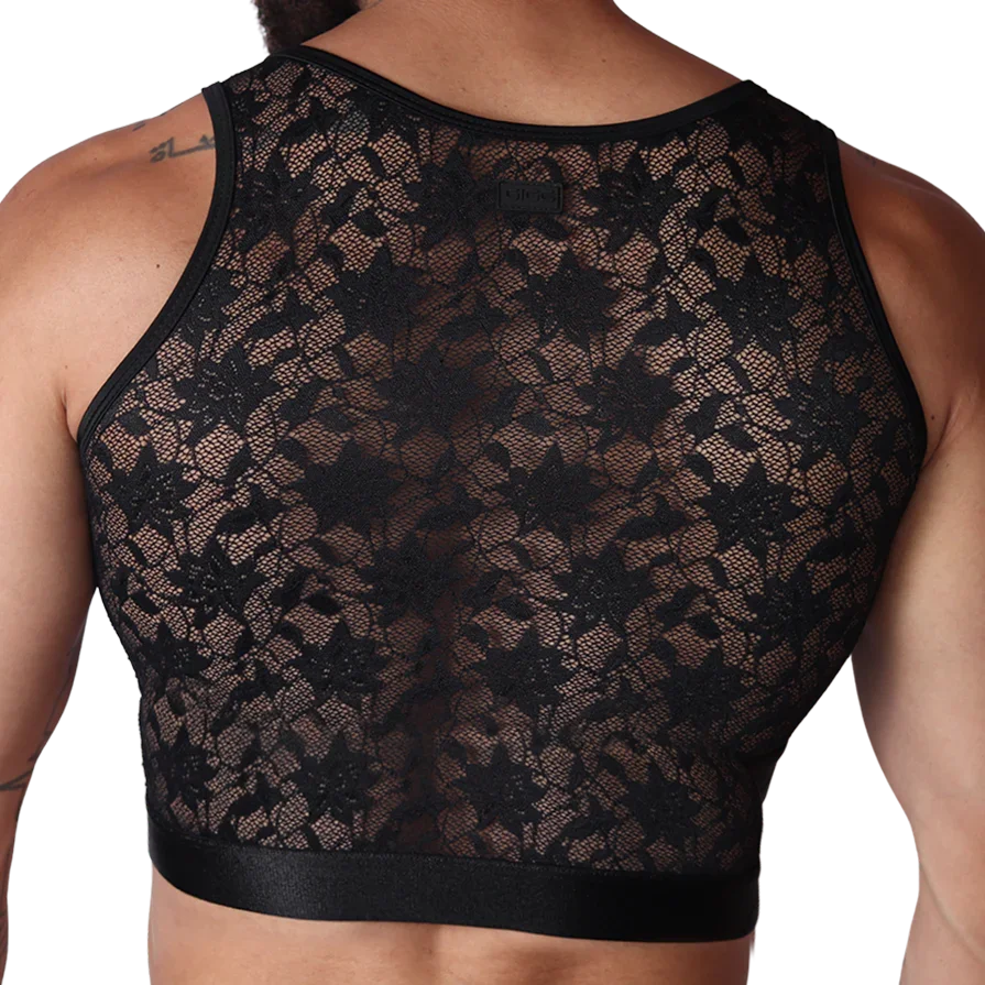 Back view of Gigo Illusion black lace crop top with floral patterns and a smooth elastic hem band.