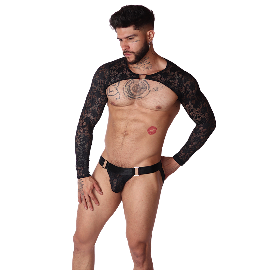 Front view: Gigo black lace long-sleeve harness and jockstrap set with metallic O-ring details on black background.