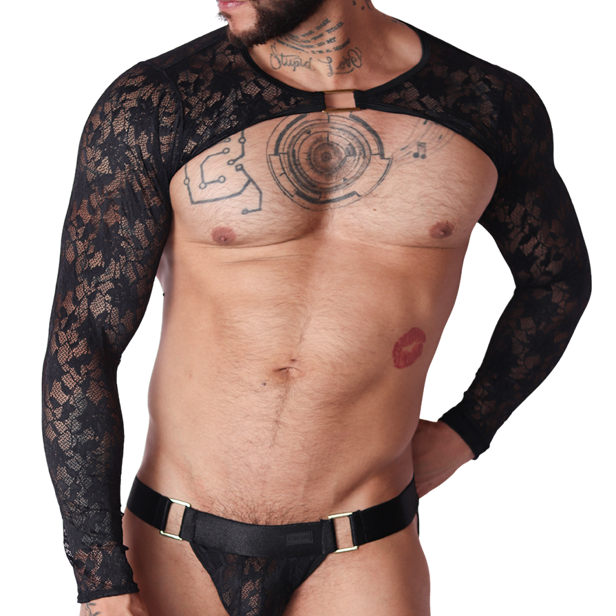 Front view of Gigo Illusion black lace harness top with long sleeves, gold hardware, and matching lace jockstrap.