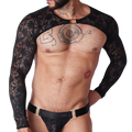 Front view of Gigo Illusion black lace harness top with long sleeves, gold hardware, and matching lace jockstrap.