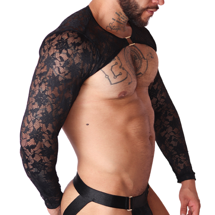 Side view of Gigo Illusion black lace harness top with long sleeves and gold hardware detail.