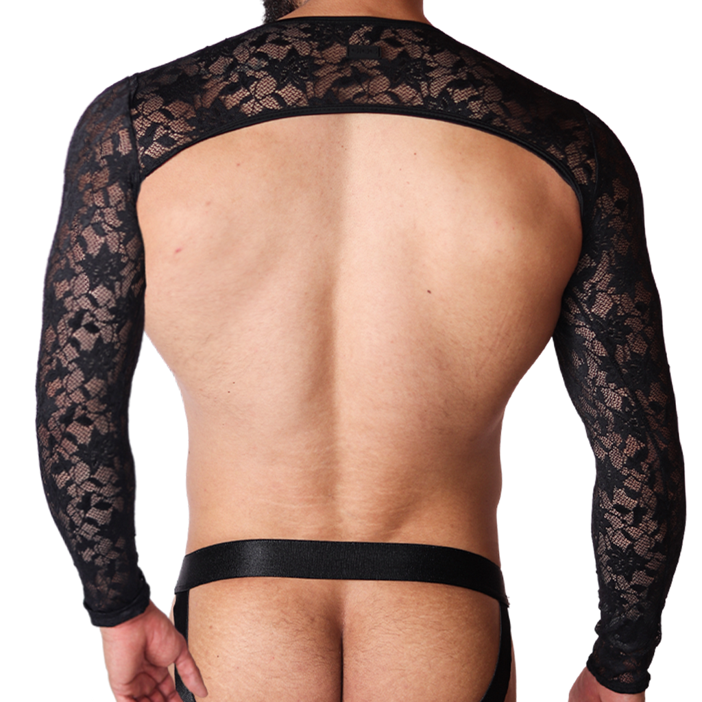 Back view of Gigo Illusion black lace harness top with long sleeves, revealing back and black elastic jockstrap.
