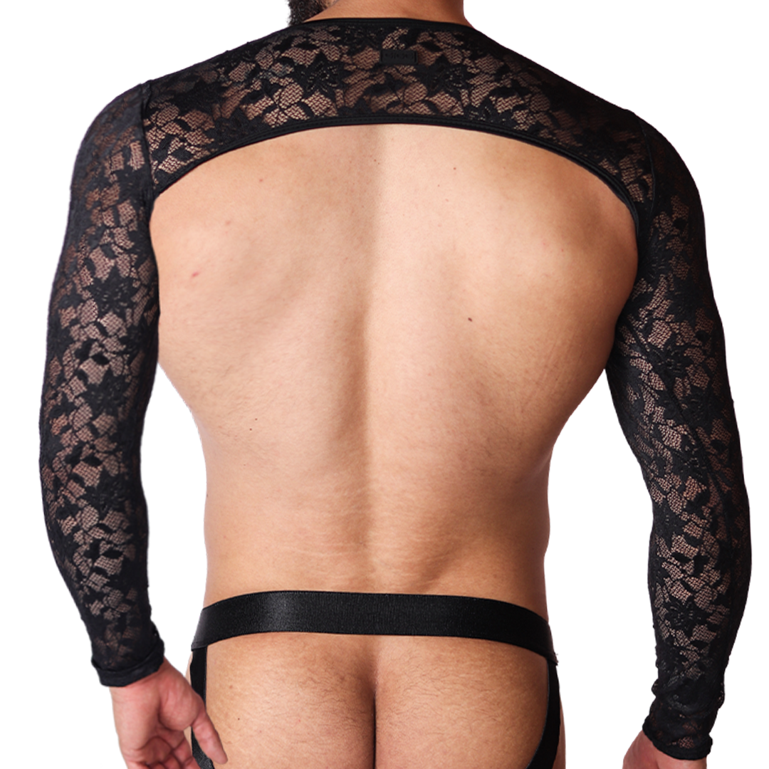 Back view of Gigo Illusion black lace harness top with long sleeves, revealing back and black elastic jockstrap.