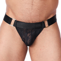 Front view of Gigo Illusion black lace jockstrap with metallic ring hardware and elastic waistband.