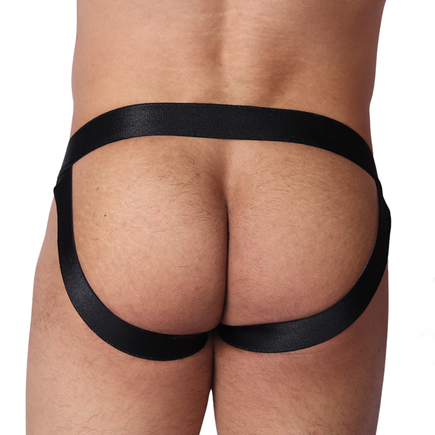 Back view of Gigo Illusion black jockstrap featuring thick, smooth elastic straps for a minimalist, athletic fit.