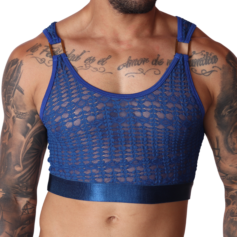 Front view of Gigo blue lace crop top with metallic rings and solid elastic band on a tattooed male model.
