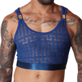 Front view of Gigo blue lace crop top with metallic rings and solid elastic band on a tattooed male model.
