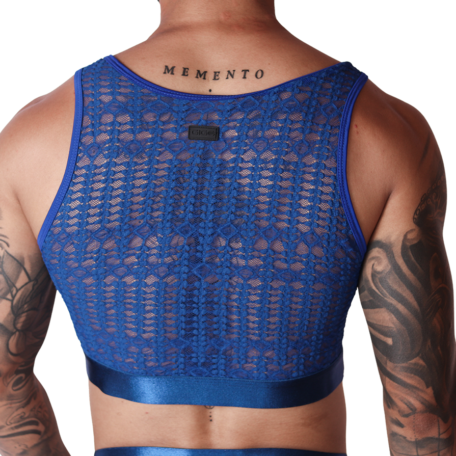 Back view of Gigo blue lace crop top with sheer mesh detailing and satin trim on a tattooed model.