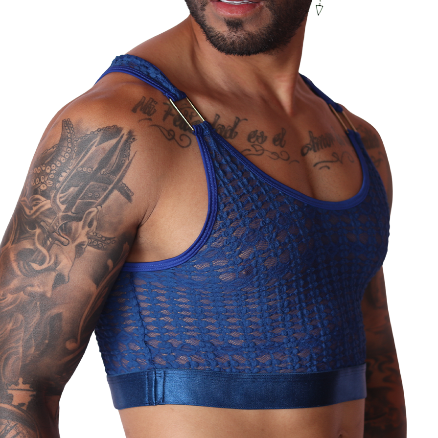 Gigo Illusion blue lace crop top, side view, featuring metallic gold ring strap connectors and a smooth elastic band.