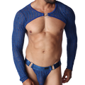 Front view of Gigo Illusion blue lace harness with long sleeves, metallic rings, and a matching lace jockstrap.
