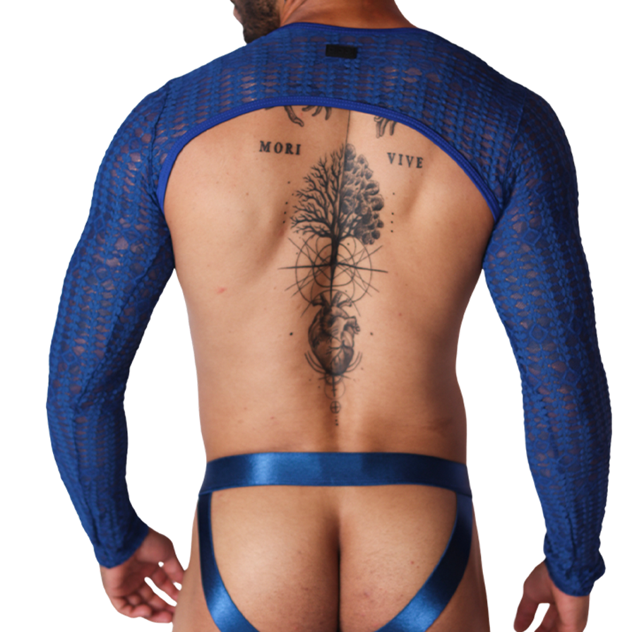 Back view of Gigo Illusion blue long-sleeve mesh harness with satin-finish straps.