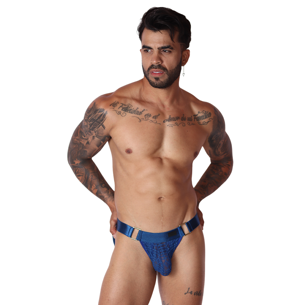 Front view of Gigo blue lace jockstrap with satin waistband and gold-tone metal side hardware.