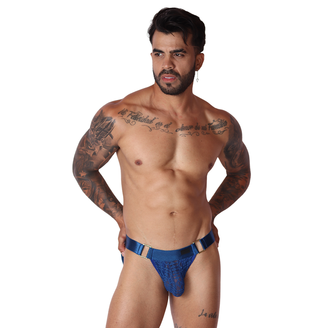 Front view of Gigo blue lace jockstrap with satin waistband and gold-tone metal side hardware.