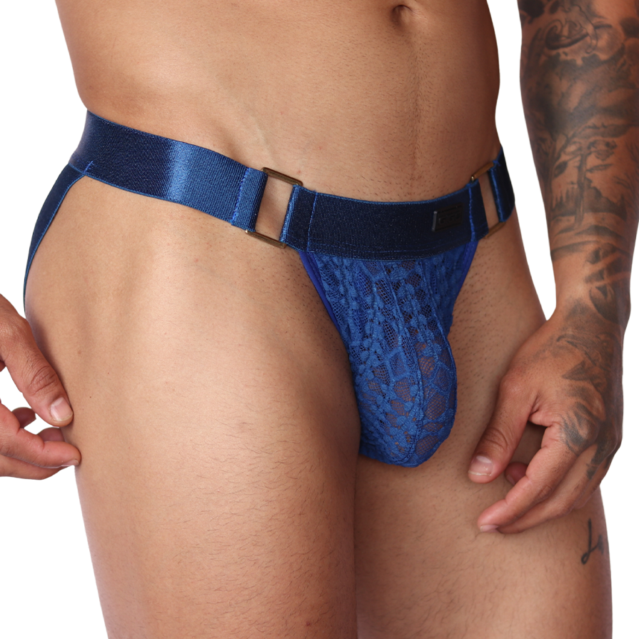 Gigo Illusion blue lace jockstrap with metal side rings. Front view detail showing floral fabric and elastic waistband.