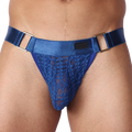 Front view of Gigo Illusion blue lace jockstrap with metallic side rings and Gigo logo patch.