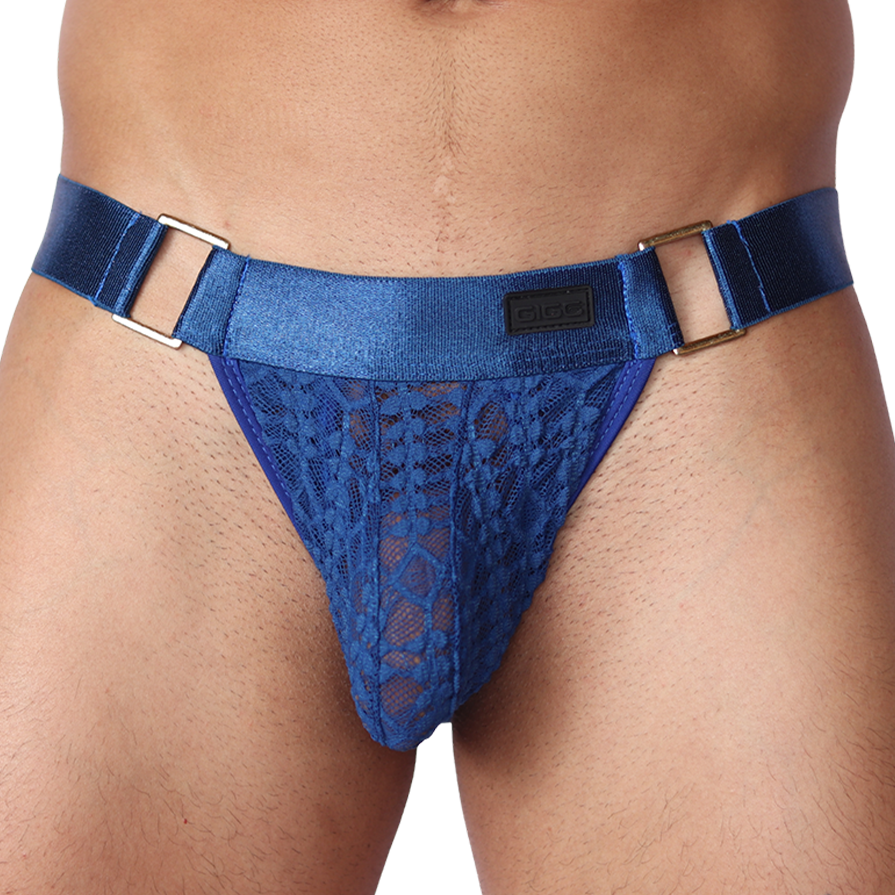 Front view of Gigo Illusion blue lace jockstrap with metallic side rings and Gigo logo patch.