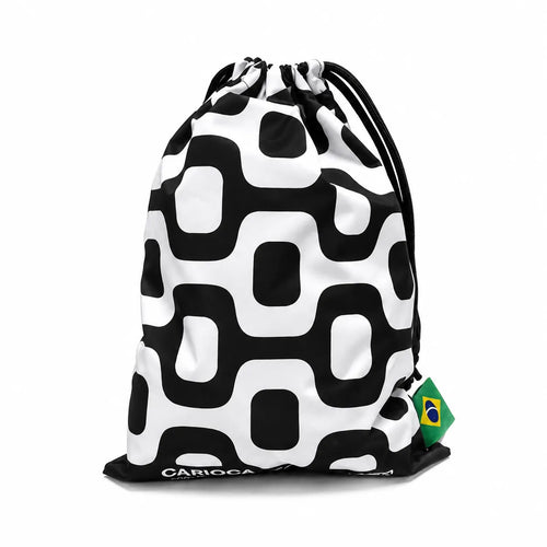 Black and white drawstring bag with a bold rounded geometric pattern.